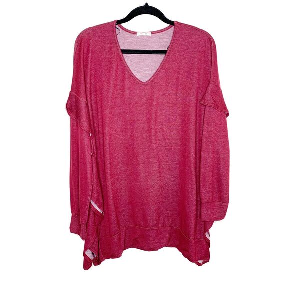 Pleione Large Sweater Oversized Ruffle Trim Heathered Maroon Vneck Pullover - Picture 1 of 11